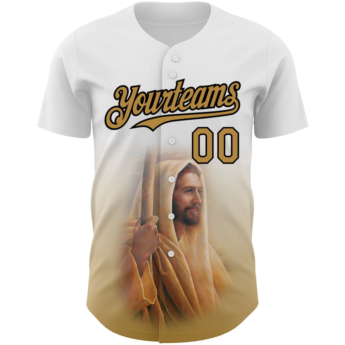 Custom White Old Gold-Black 3D Pattern Design Religion Jesus Christ Authentic Baseball Jersey baseball jersey product view 2