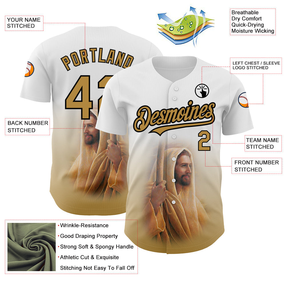Custom White Old Gold-Black 3D Pattern Design Religion Jesus Christ Authentic Baseball Jersey baseball jersey product view 3