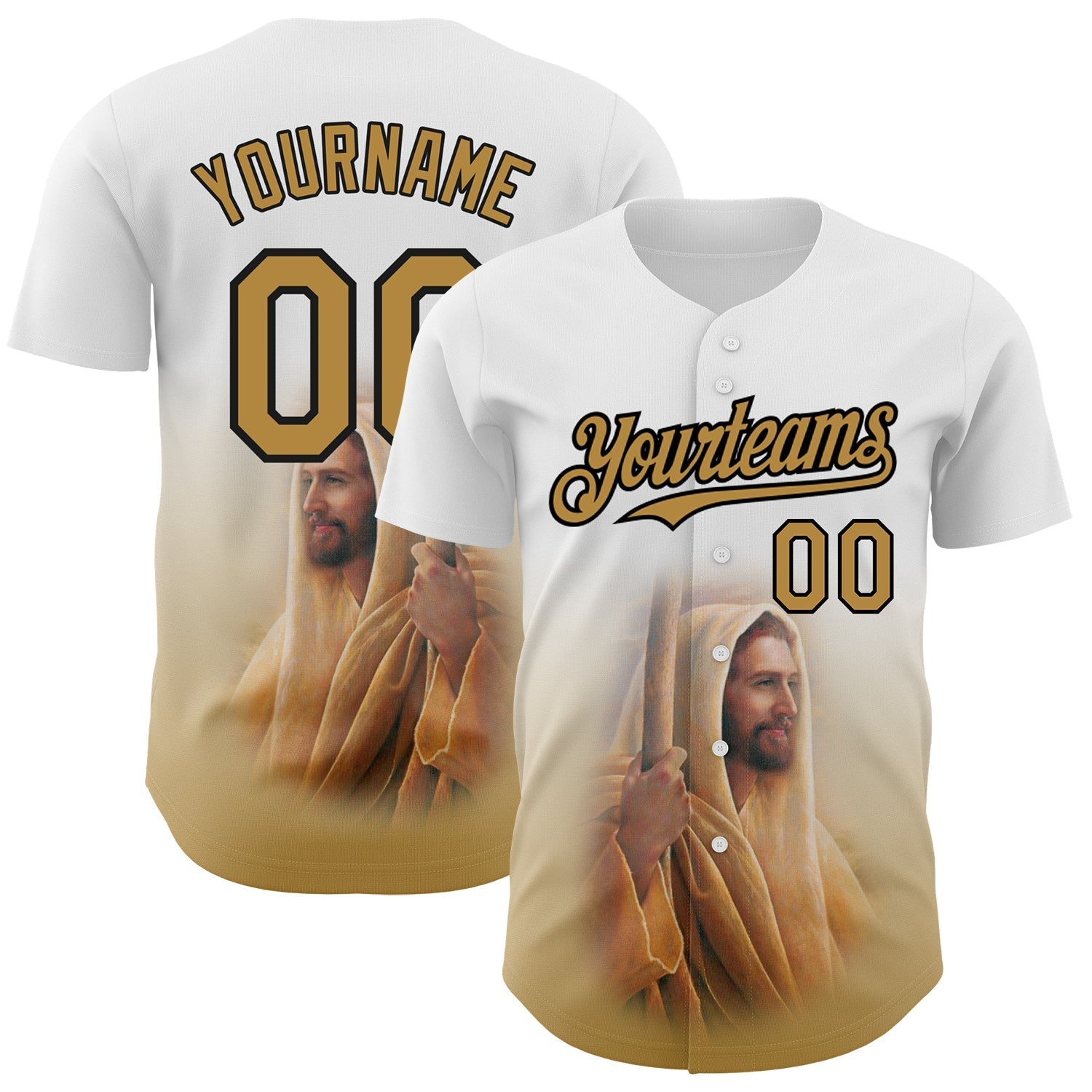 Custom White Old Gold-Black 3D Pattern Design Religion Jesus Christ Authentic Baseball Jersey baseball jersey product view 1