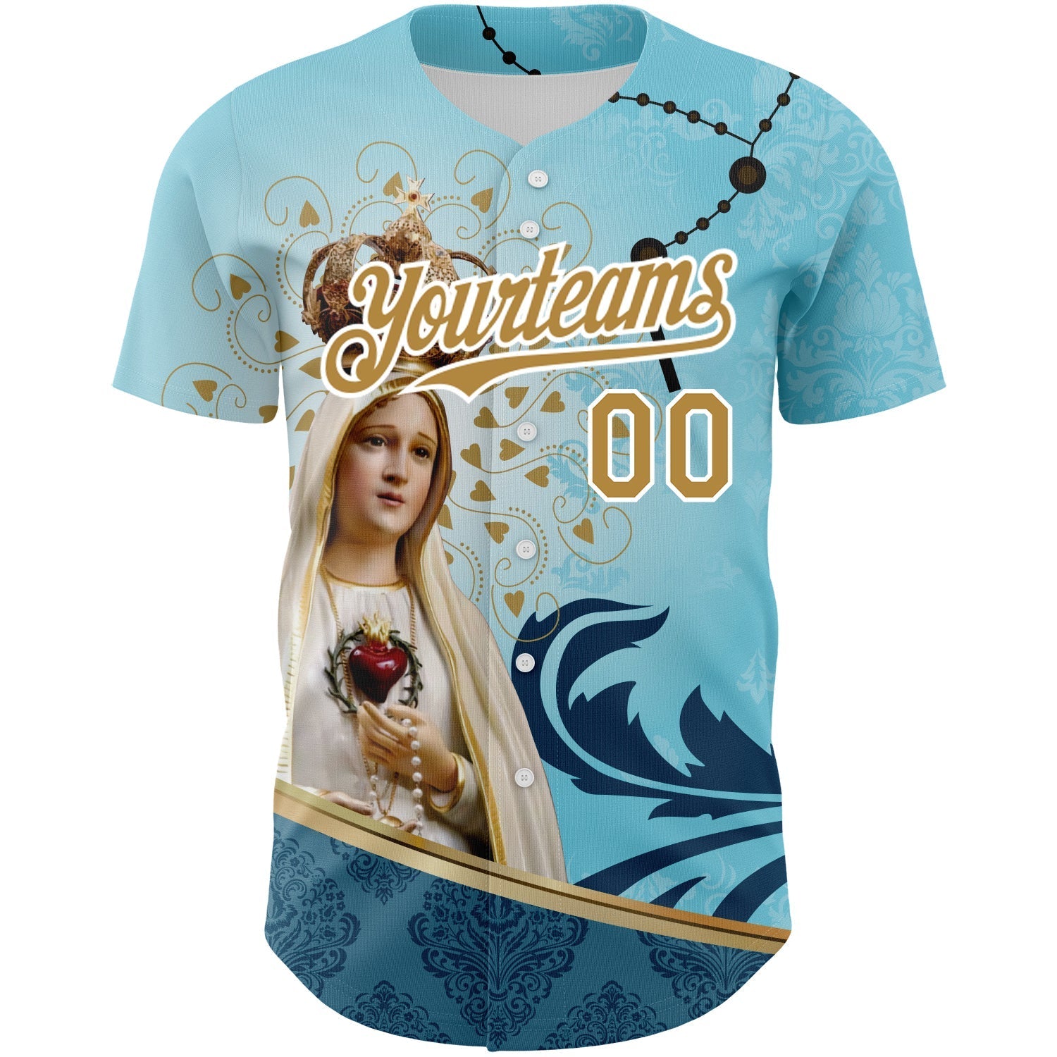 Custom Teal Old Gold-White 3D Pattern Design Religion Virgin Mary Authentic Baseball Jersey baseball jersey product view 2