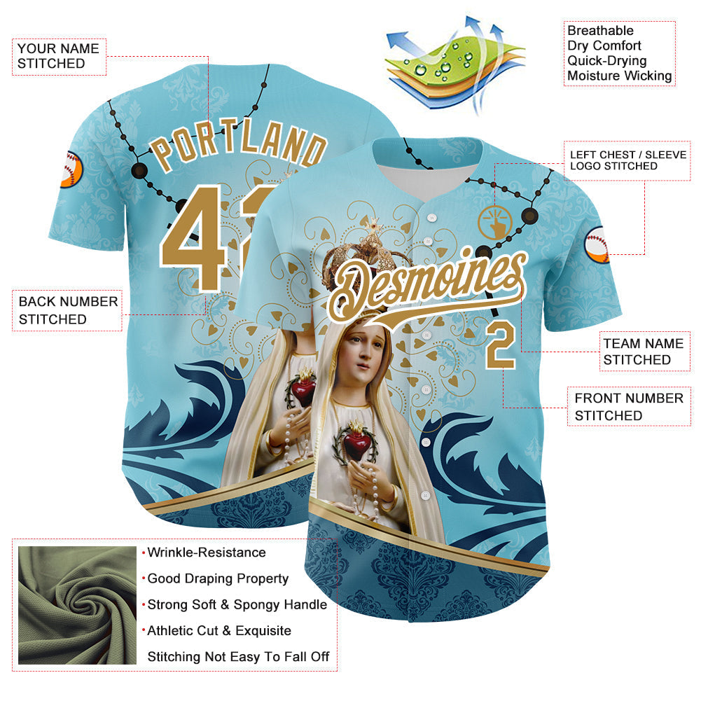 Custom Teal Old Gold-White 3D Pattern Design Religion Virgin Mary Authentic Baseball Jersey baseball jersey product view 3