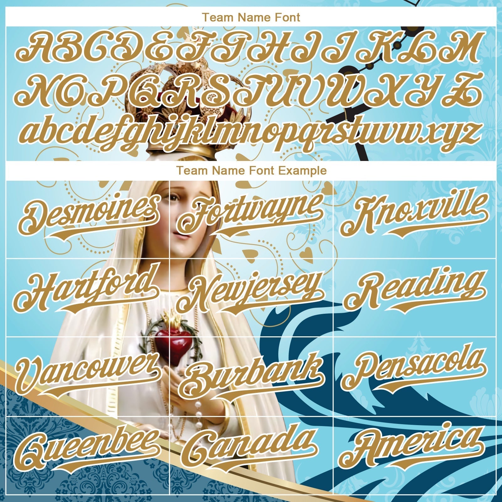 Custom Teal Old Gold-White 3D Pattern Design Religion Virgin Mary Authentic Baseball Jersey baseball jersey product view 4