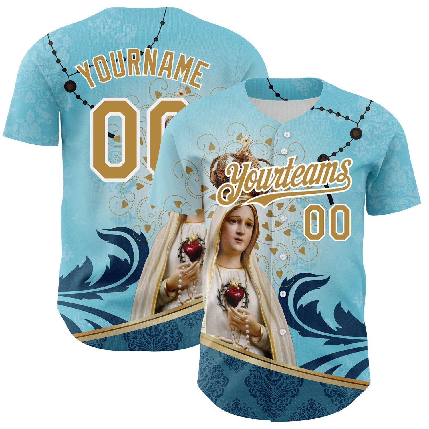 Custom Teal Old Gold-White 3D Pattern Design Religion Virgin Mary Authentic Baseball Jersey baseball jersey product view 1