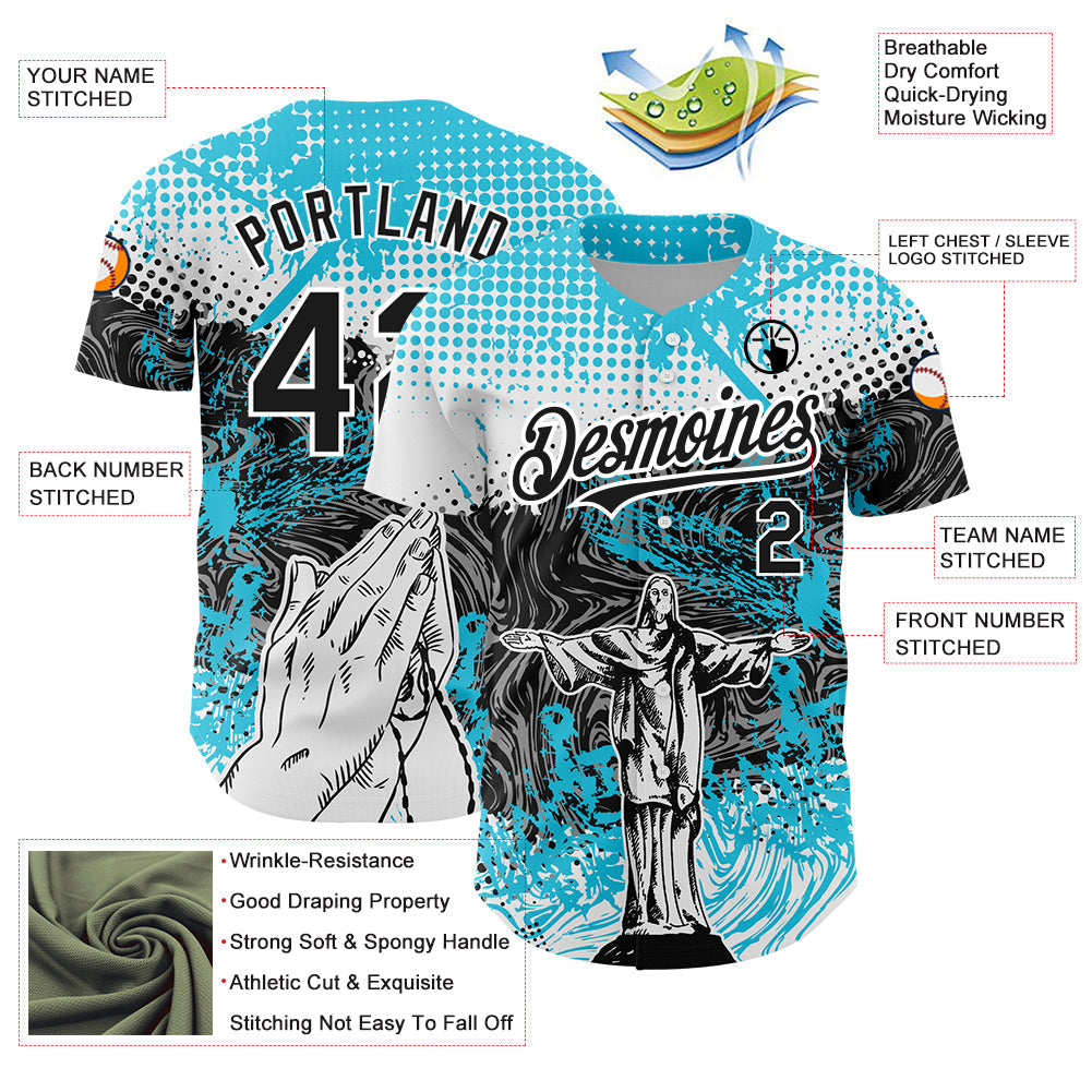 Custom Light Blue Black-White 3D Pattern Design Religion Jesus Christ Authentic Baseball Jersey baseball jersey product view 3