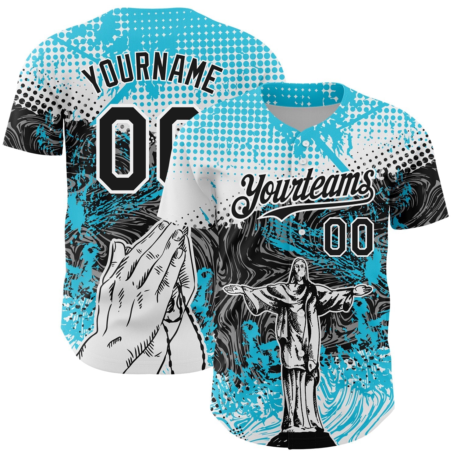 Custom Light Blue Black-White 3D Pattern Design Religion Jesus Christ Authentic Baseball Jersey baseball jersey product view 1