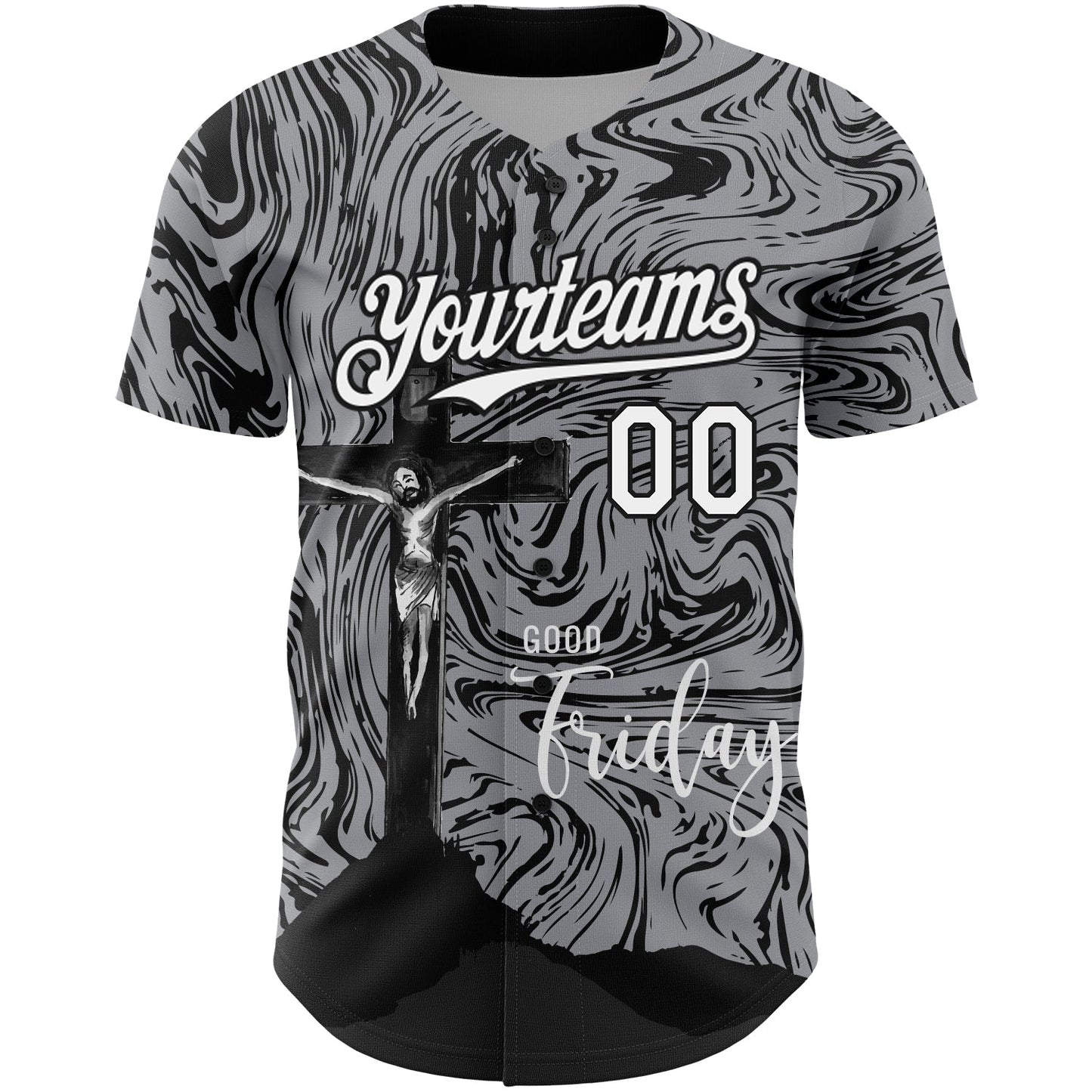 Custom Gray White-Black 3D Pattern Design Religion Cross Jesus Christ Good Friday Authentic Baseball Jersey baseball jersey product view 2