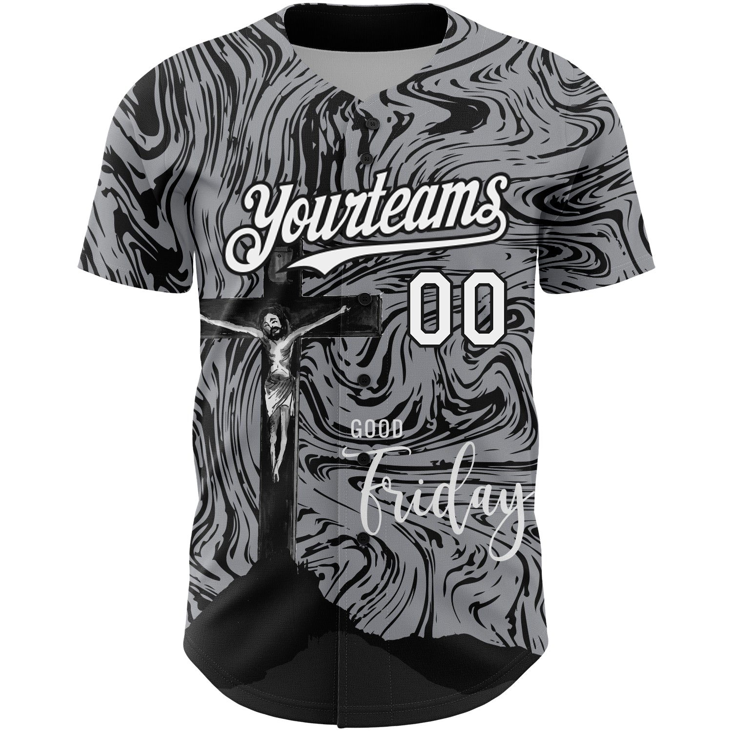 Custom Gray White-Black 3D Pattern Design Religion Cross Jesus Christ Good Friday Authentic Baseball Jersey baseball jersey product view 2