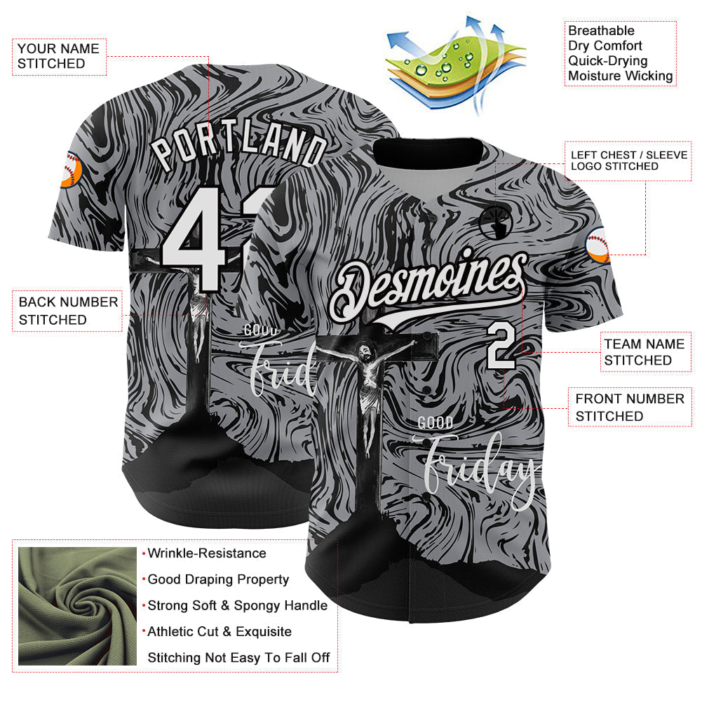 Custom Gray White-Black 3D Pattern Design Religion Cross Jesus Christ Good Friday Authentic Baseball Jersey baseball jersey product view 3