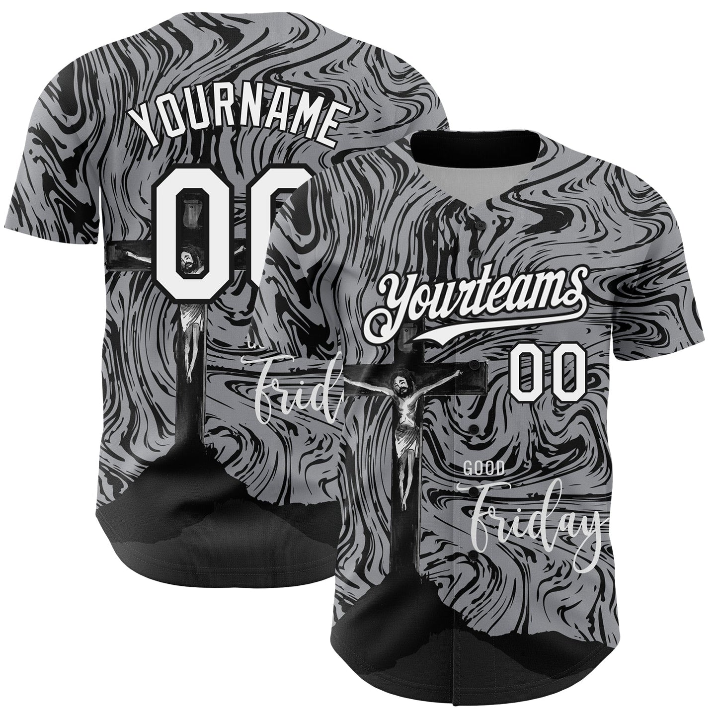 Custom Gray White-Black 3D Pattern Design Religion Cross Jesus Christ Good Friday Authentic Baseball Jersey baseball jersey product view 1