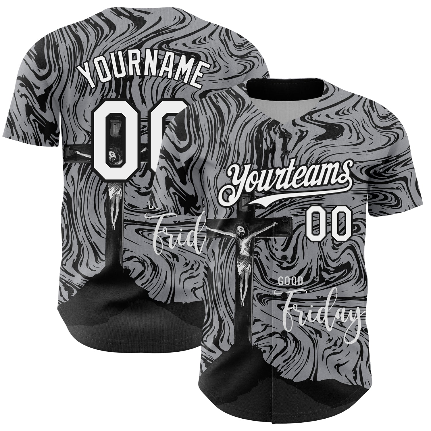 Custom Gray White-Black 3D Pattern Design Religion Cross Jesus Christ Good Friday Authentic Baseball Jersey baseball jersey product view 1