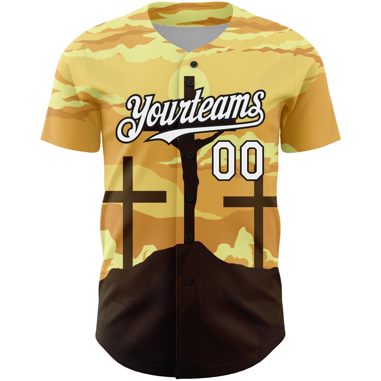 Custom Yellow White-Black 3D Pattern Design Religion Cross Jesus Christ Good Friday Authentic Baseball Jersey baseball jersey product view 2
