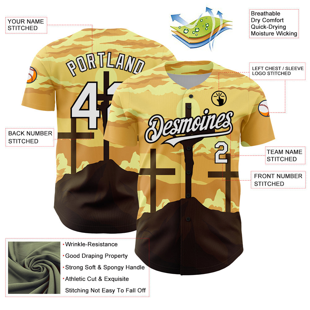 Custom Yellow White-Black 3D Pattern Design Religion Cross Jesus Christ Good Friday Authentic Baseball Jersey baseball jersey product view 3