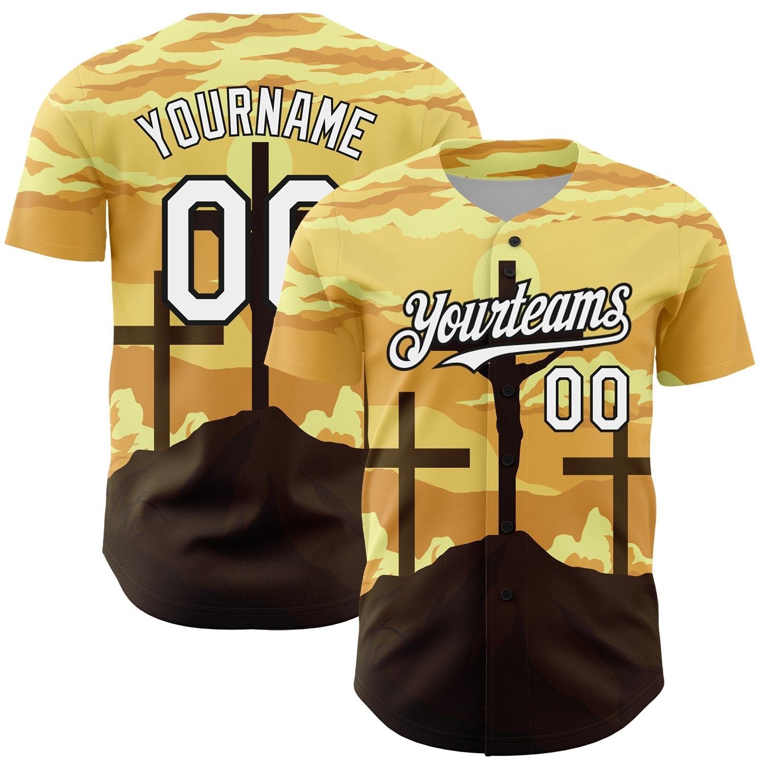 Custom Yellow White-Black 3D Pattern Design Religion Cross Jesus Christ Good Friday Authentic Baseball Jersey baseball jersey product view 1