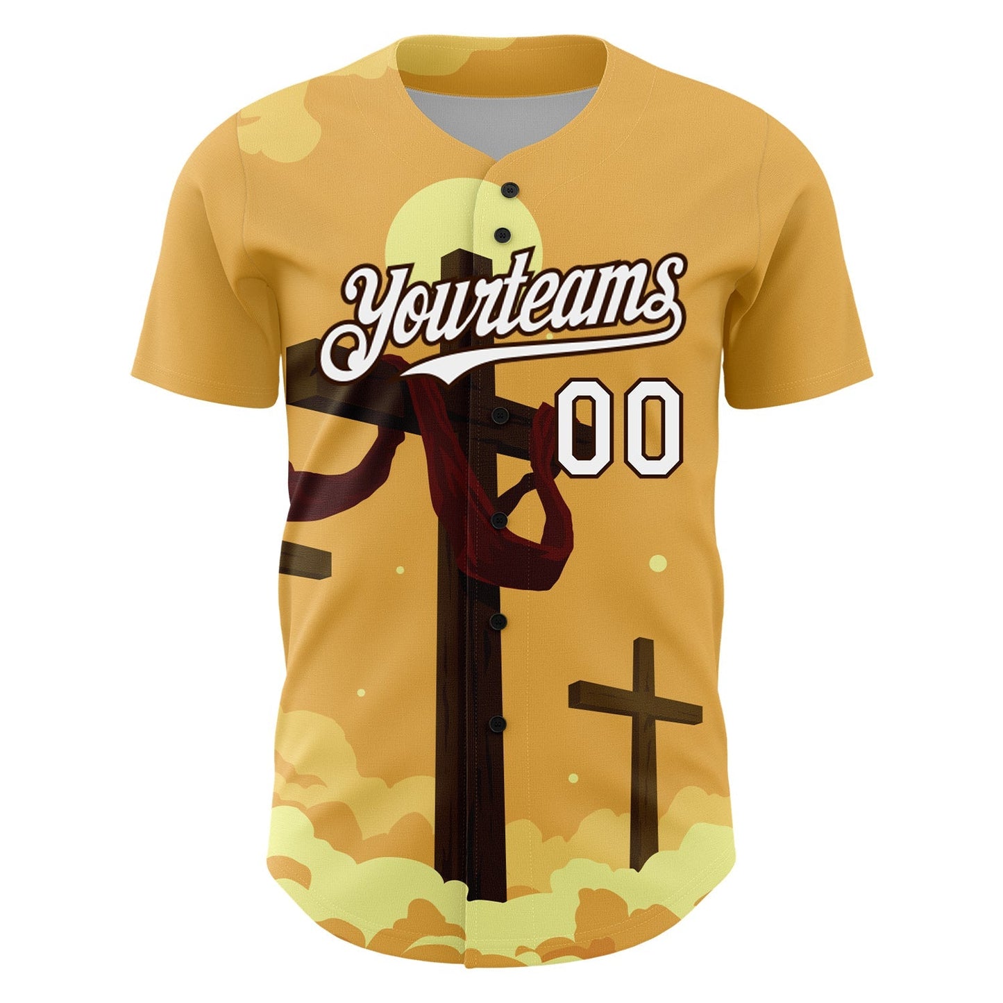 Custom Yellow White-Brown 3D Pattern Design Religion Cross Jesus Christ Good Friday Authentic Baseball Jersey baseball jersey product view 2