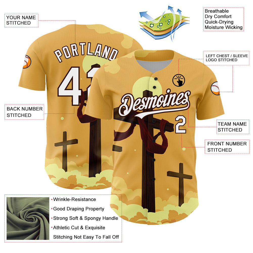 Custom Yellow White-Brown 3D Pattern Design Religion Cross Jesus Christ Good Friday Authentic Baseball Jersey baseball jersey product view 3
