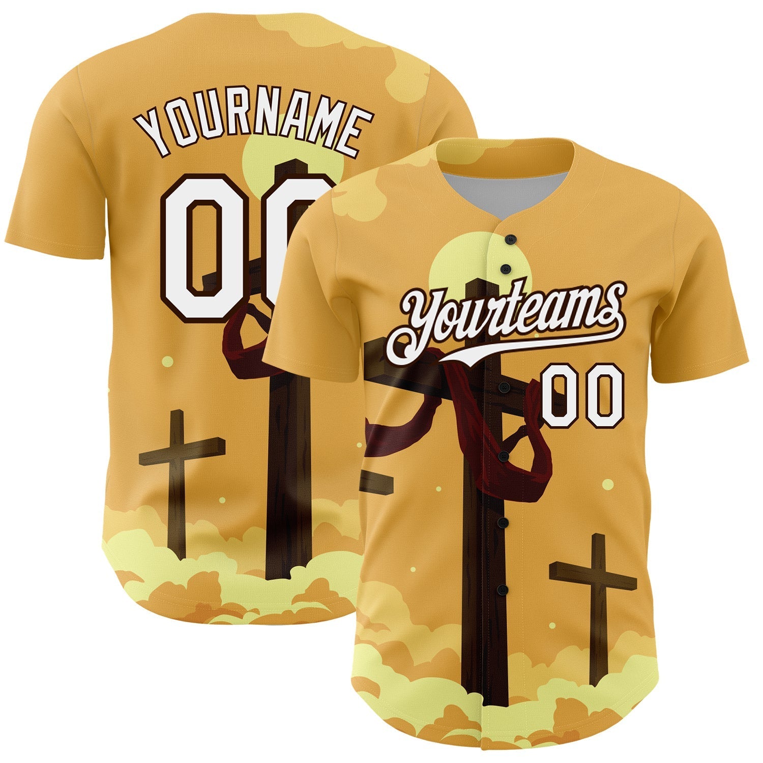 Custom Yellow White-Brown 3D Pattern Design Religion Cross Jesus Christ Good Friday Authentic Baseball Jersey baseball jersey product view 1