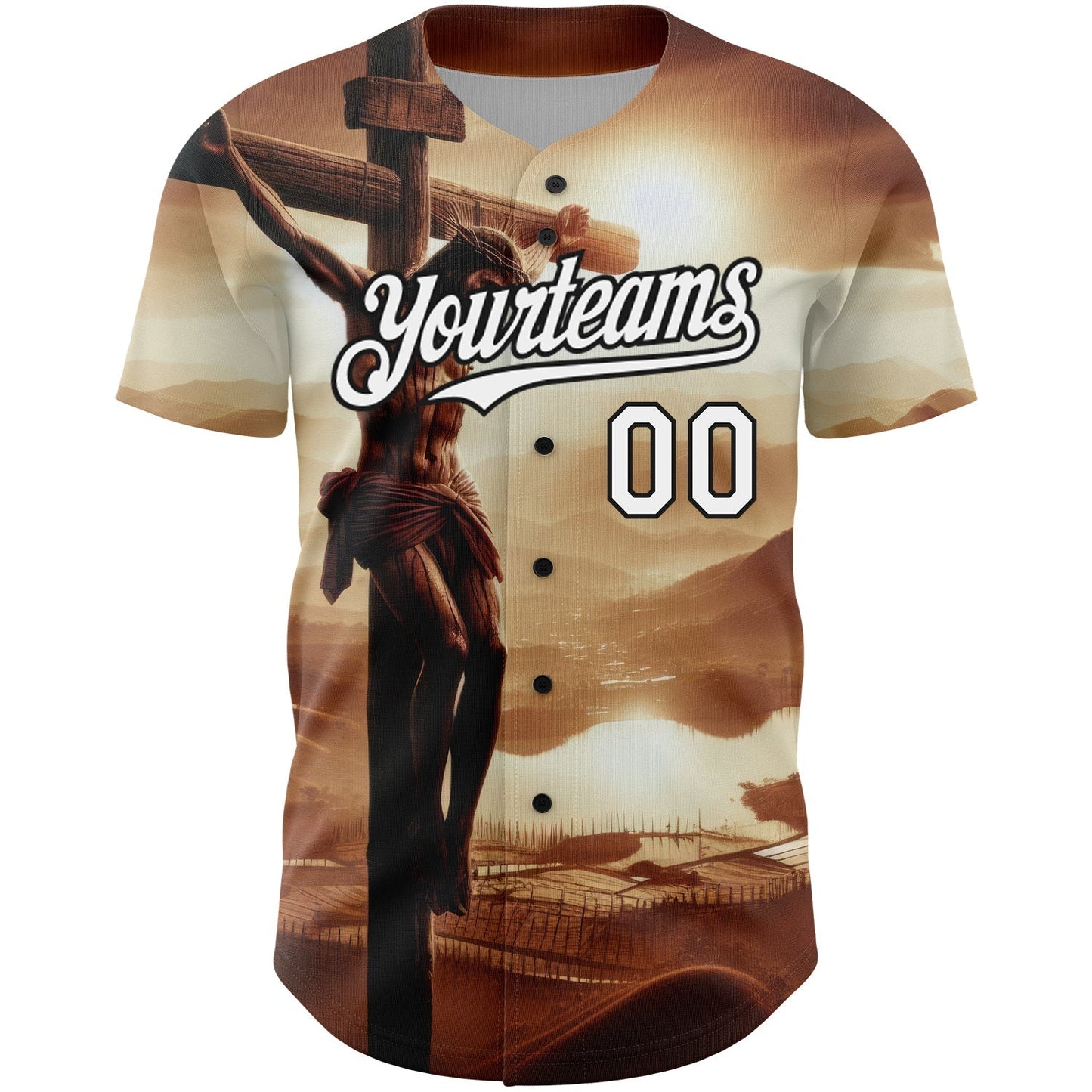 Custom Brown White-Black 3D Pattern Design Religion Cross Jesus Christ Good Friday Authentic Baseball Jersey baseball jersey product view 2
