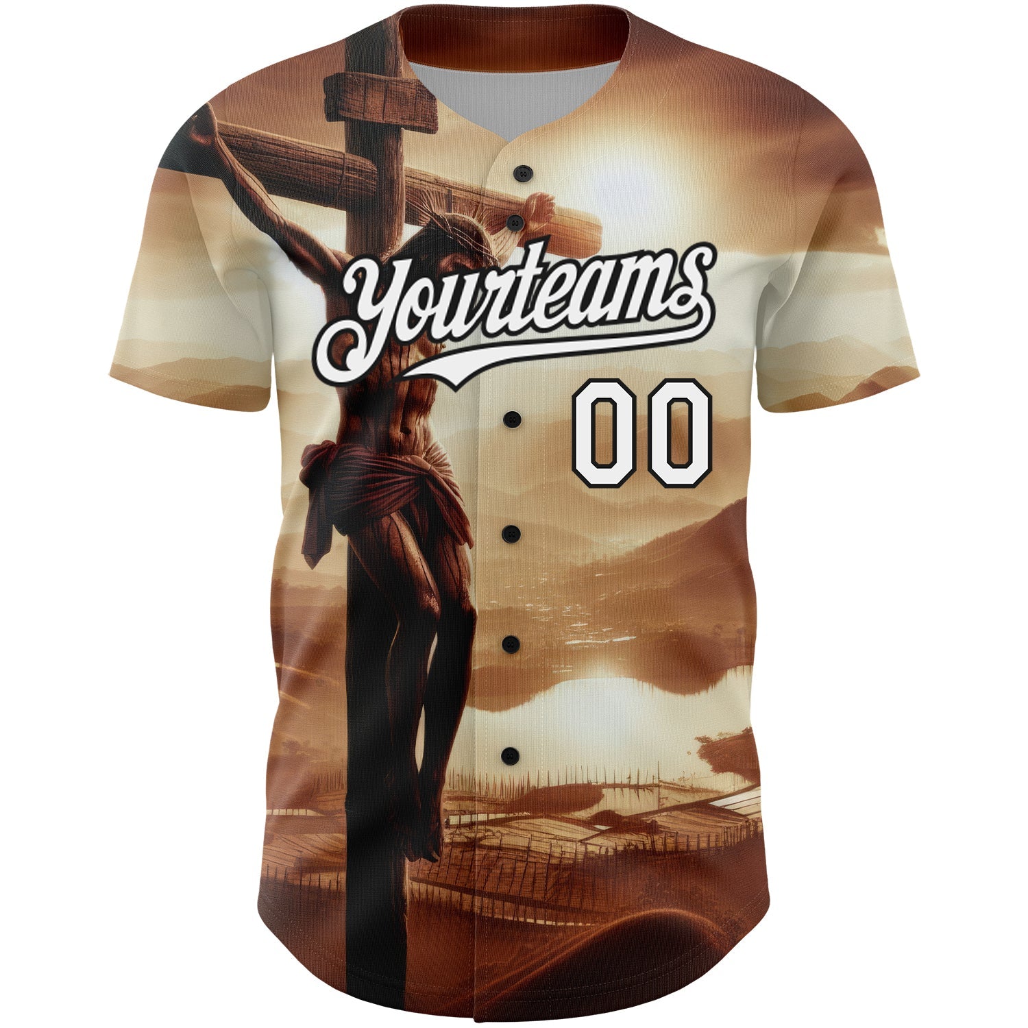 Custom Brown White-Black 3D Pattern Design Religion Cross Jesus Christ Good Friday Authentic Baseball Jersey baseball jersey product view 2