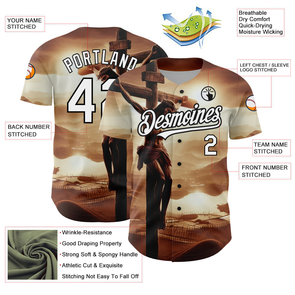 Custom Brown White-Black 3D Pattern Design Religion Cross Jesus Christ Good Friday Authentic Baseball Jersey baseball jersey product view 3