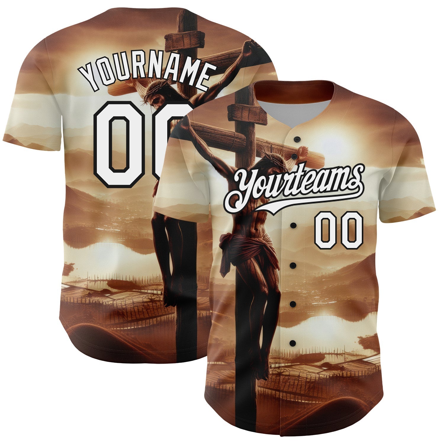 Custom Brown White-Black 3D Pattern Design Religion Cross Jesus Christ Good Friday Authentic Baseball Jersey baseball jersey product view 1