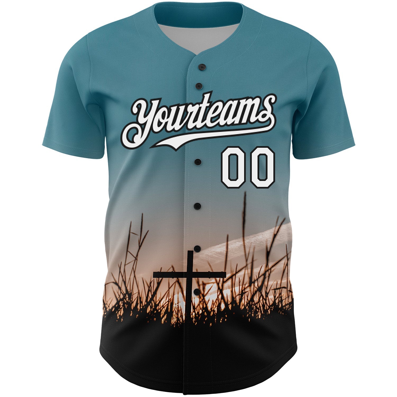 Custom Teal White-Black 3D Pattern Design Religion Cross Jesus Christ Good Friday Authentic Baseball Jersey baseball jersey product view 2