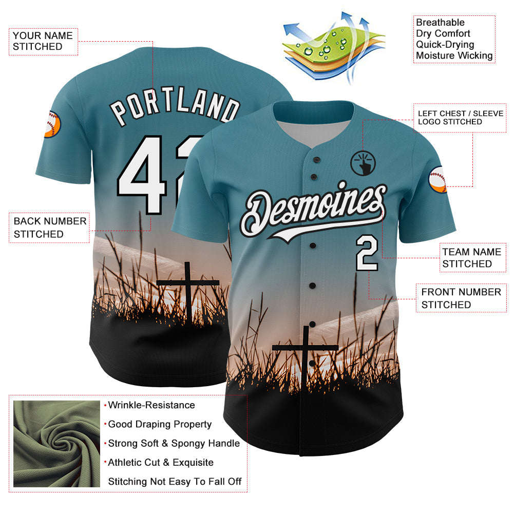 Custom Teal White-Black 3D Pattern Design Religion Cross Jesus Christ Good Friday Authentic Baseball Jersey baseball jersey product view 3