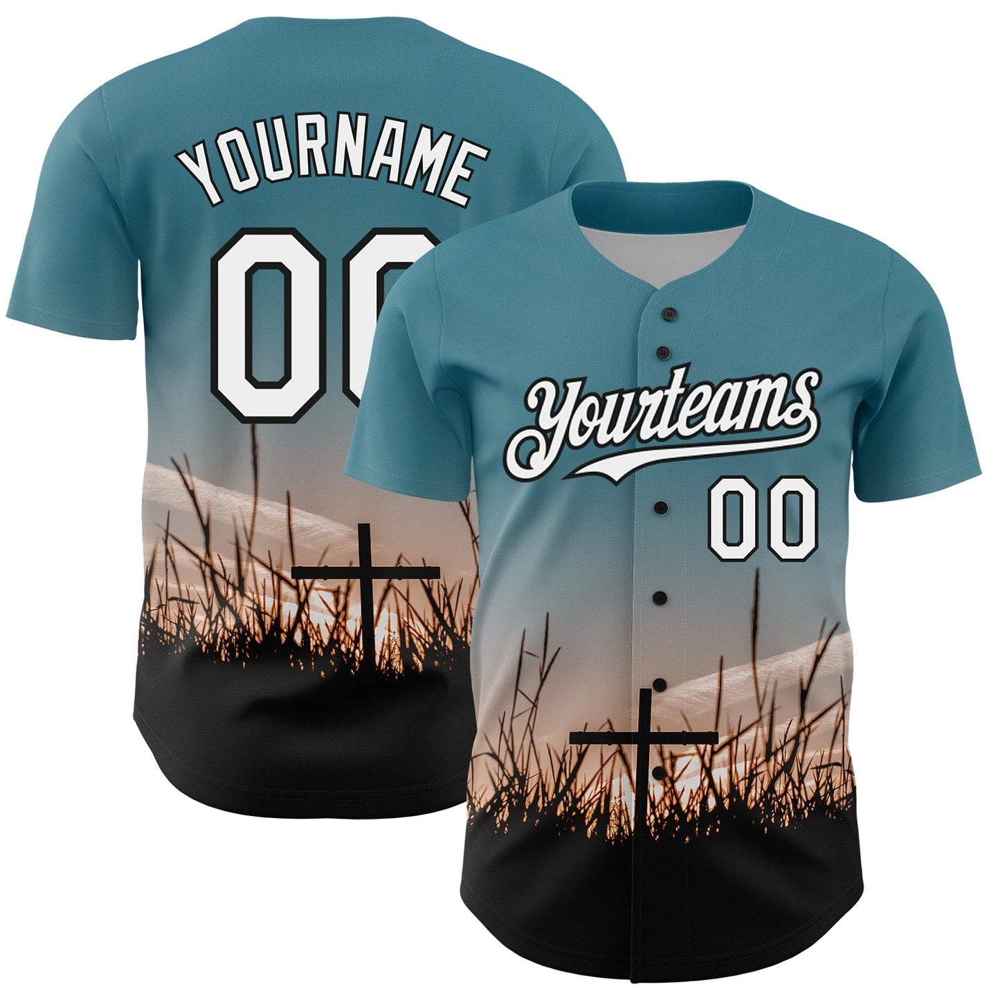 Custom Teal White-Black 3D Pattern Design Religion Cross Jesus Christ Good Friday Authentic Baseball Jersey baseball jersey product view 1