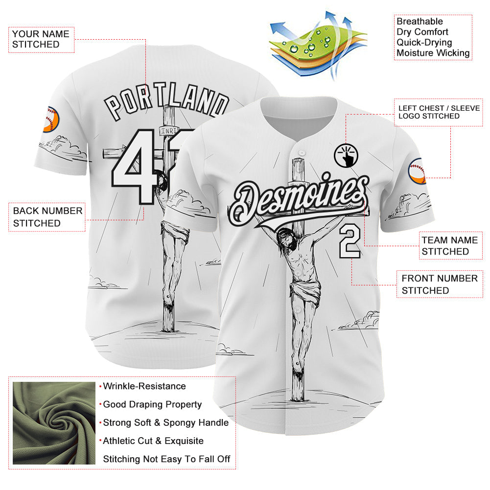Custom White Black 3D Pattern Design Religion Cross Jesus Christ Good Friday Authentic Baseball Jersey baseball jersey product view 3