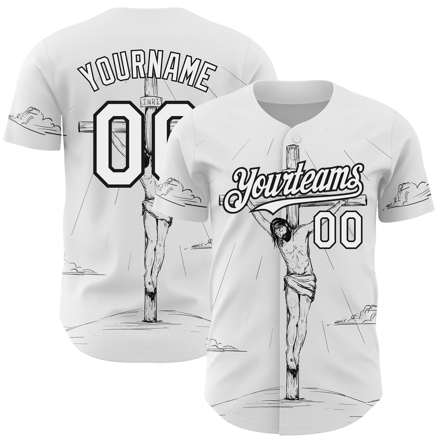 Custom White Black 3D Pattern Design Religion Cross Jesus Christ Good Friday Authentic Baseball Jersey baseball jersey product view 1
