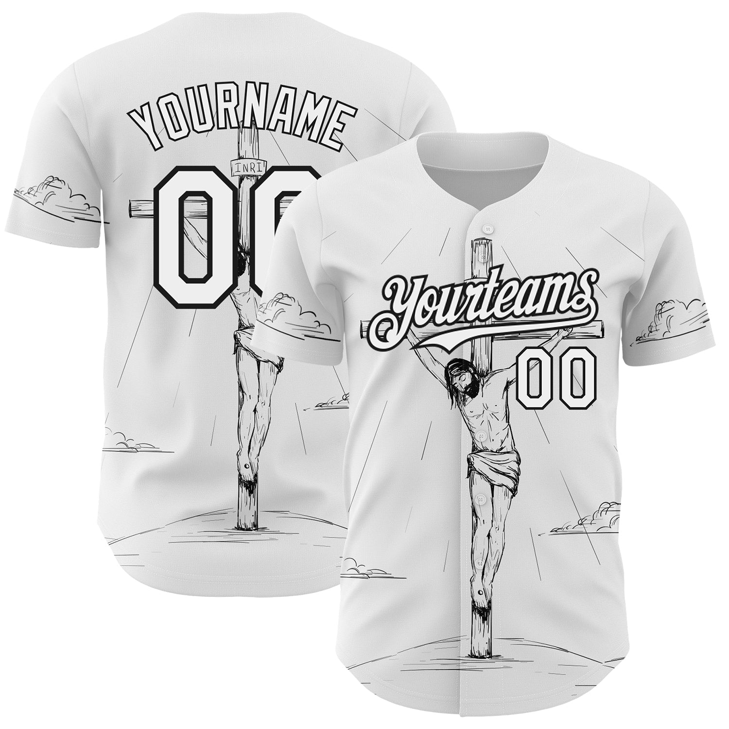 Custom White Black 3D Pattern Design Religion Cross Jesus Christ Good Friday Authentic Baseball Jersey baseball jersey product view 1