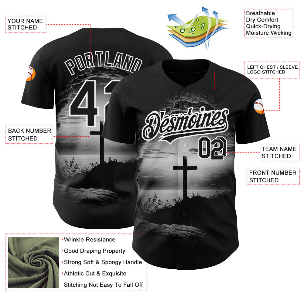 Custom Black White 3D Pattern Design Religion Cross Jesus Christ Ash Wednesday Authentic Baseball Jersey baseball jersey product view 3