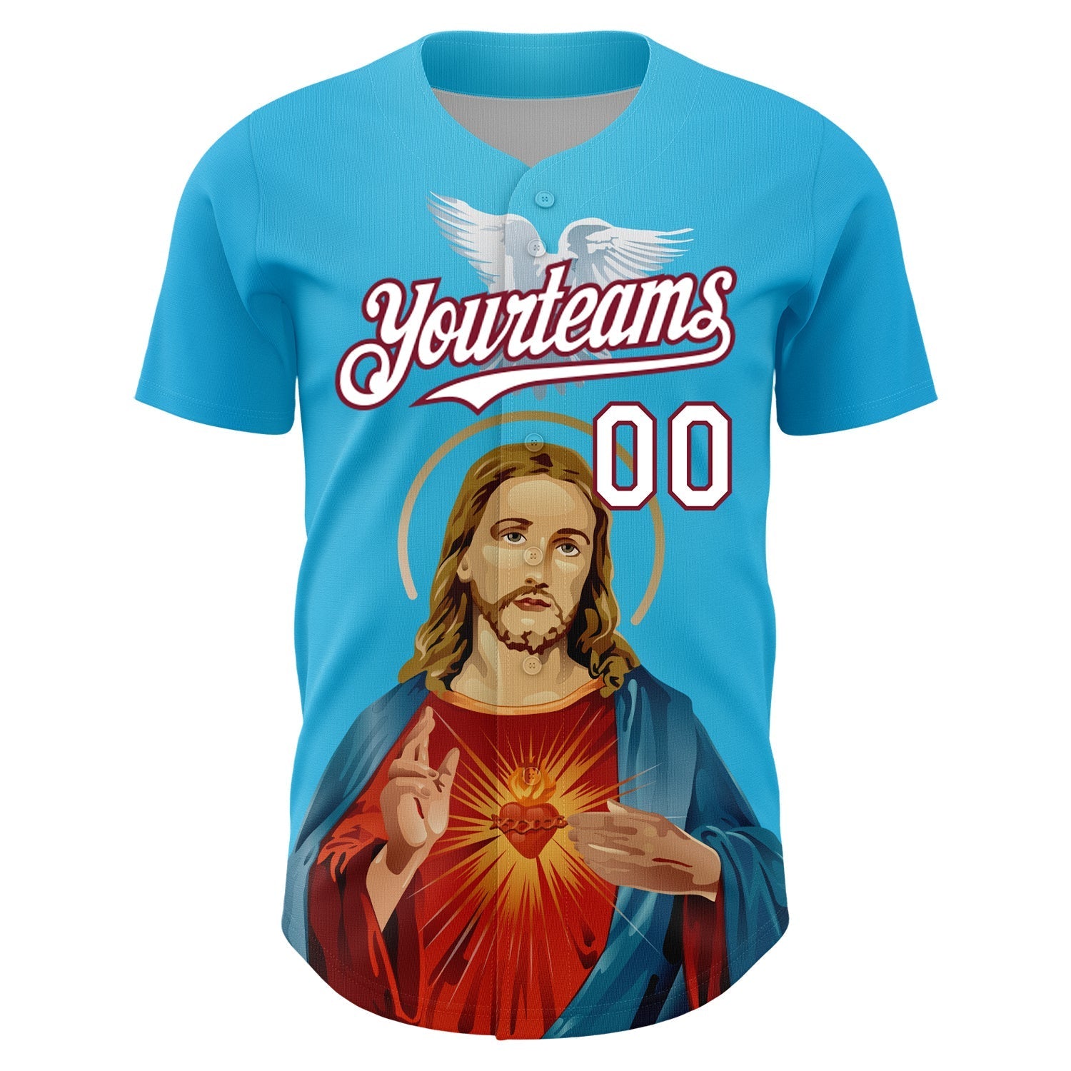 Custom Sky Blue White-Maroon 3D Pattern Design Religion Jesus Christ And Virgin Mary Authentic Baseball Jersey baseball jersey product view 2