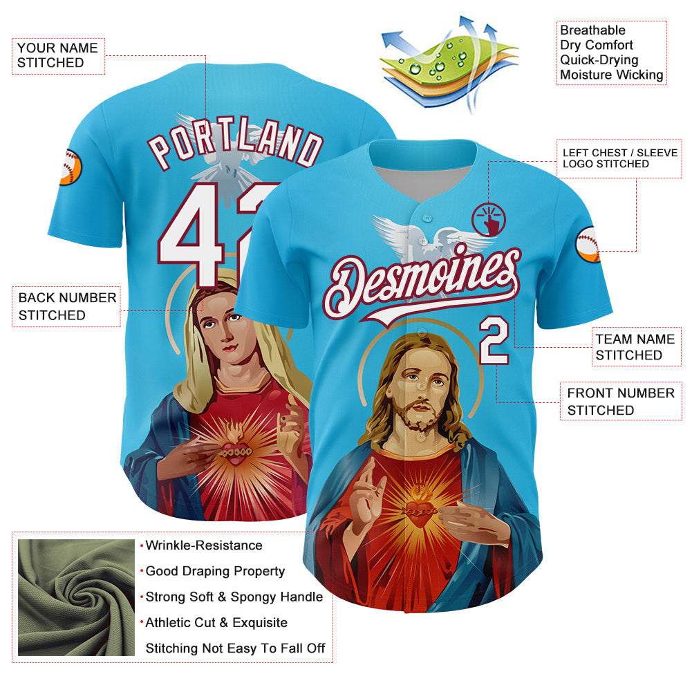 Custom Sky Blue White-Maroon 3D Pattern Design Religion Jesus Christ And Virgin Mary Authentic Baseball Jersey baseball jersey product view 3