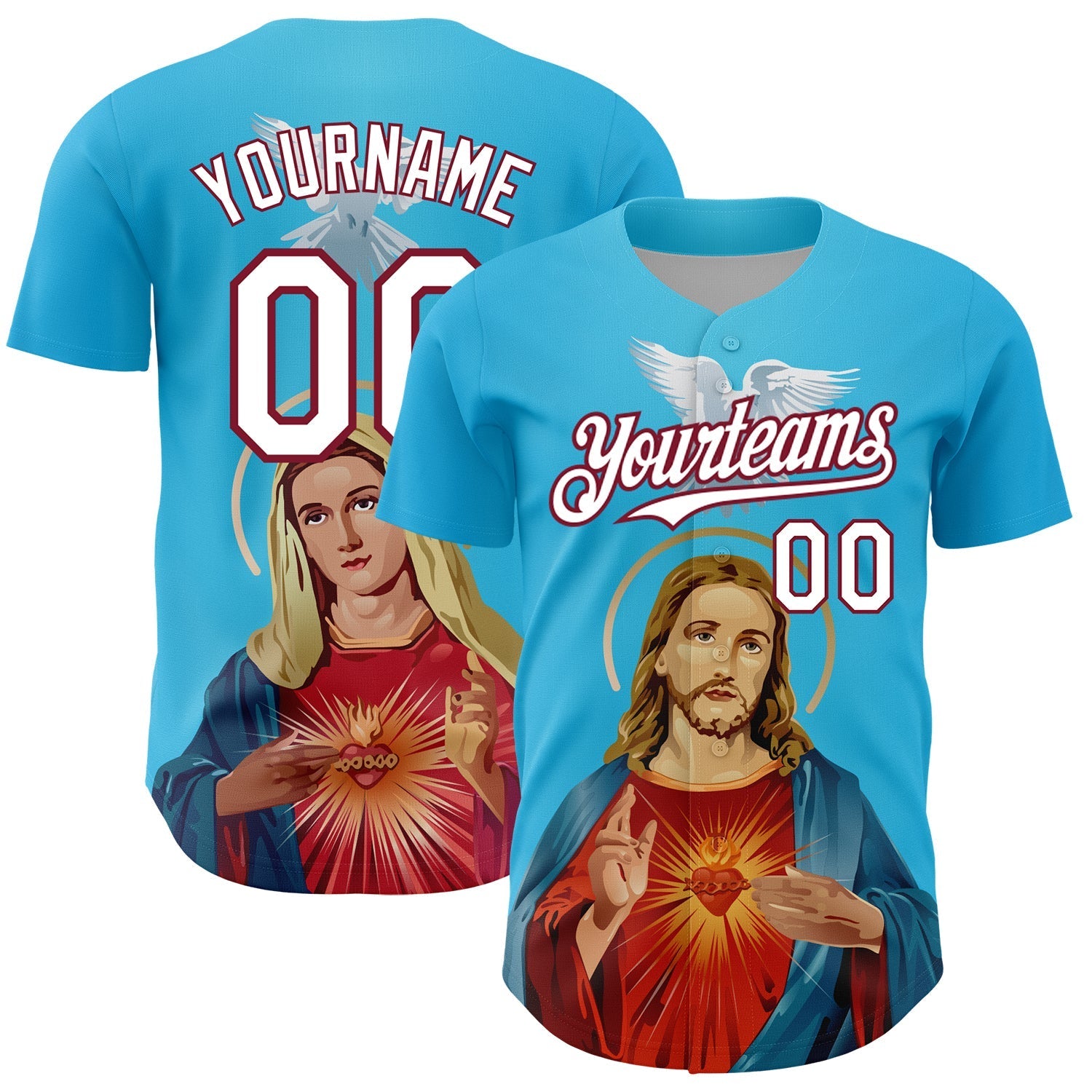 Custom Sky Blue White-Maroon 3D Pattern Design Religion Jesus Christ And Virgin Mary Authentic Baseball Jersey baseball jersey product view 1