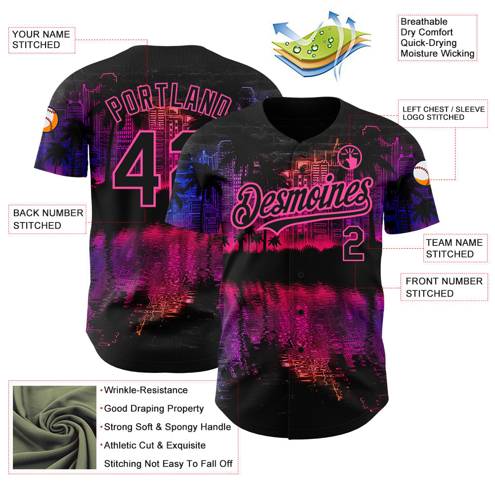 Custom Black Pink 3D Pattern Design Hawaii Palm Trees Authentic Baseball Jersey baseball jersey product view 3