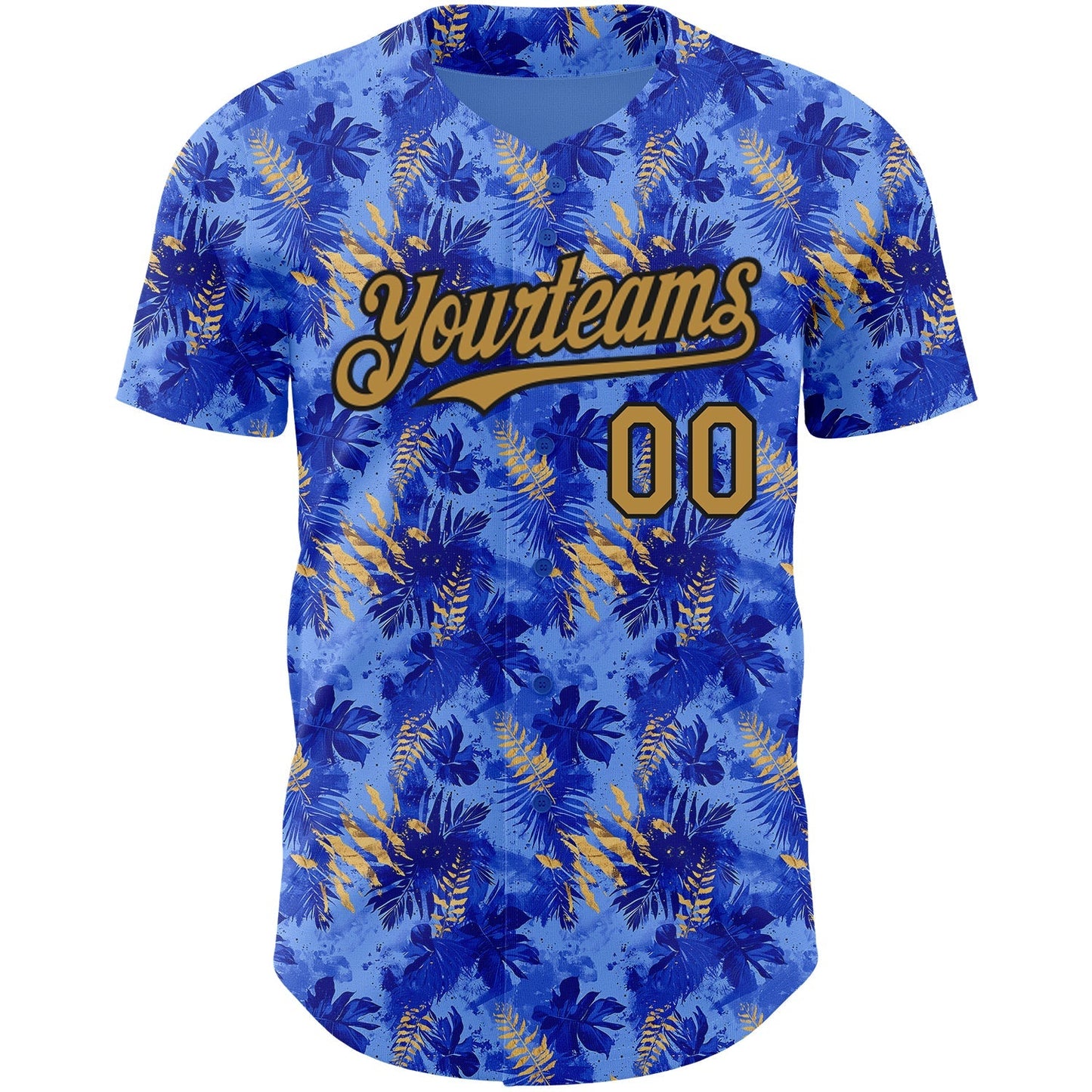 Custom Light Blue Old Gold-Black 3D Pattern Design Tropical Hawaii Palm Leaves Authentic Baseball Jersey baseball jersey product view 2