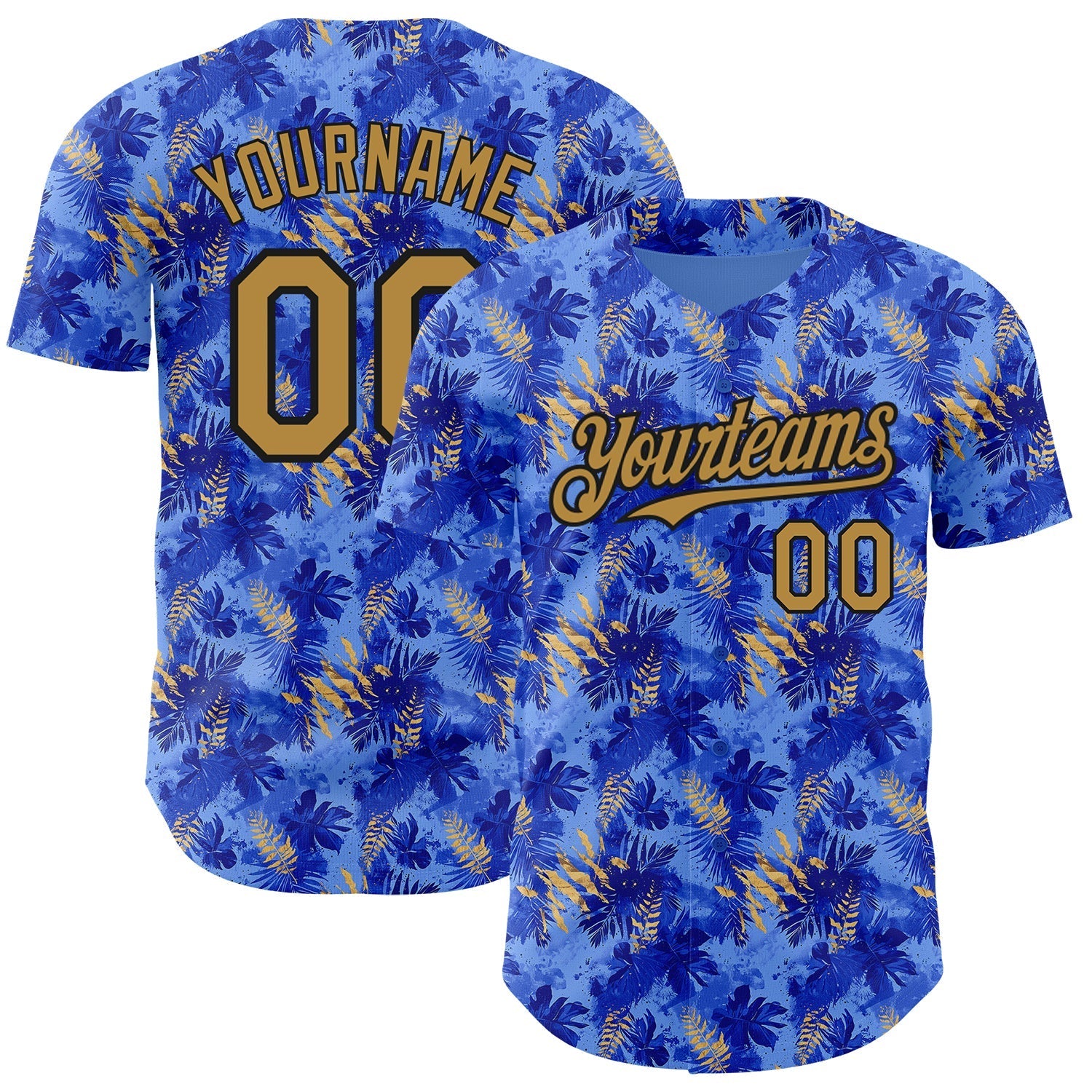 Custom Light Blue Old Gold-Black 3D Pattern Design Tropical Hawaii Palm Leaves Authentic Baseball Jersey baseball jersey product view 1