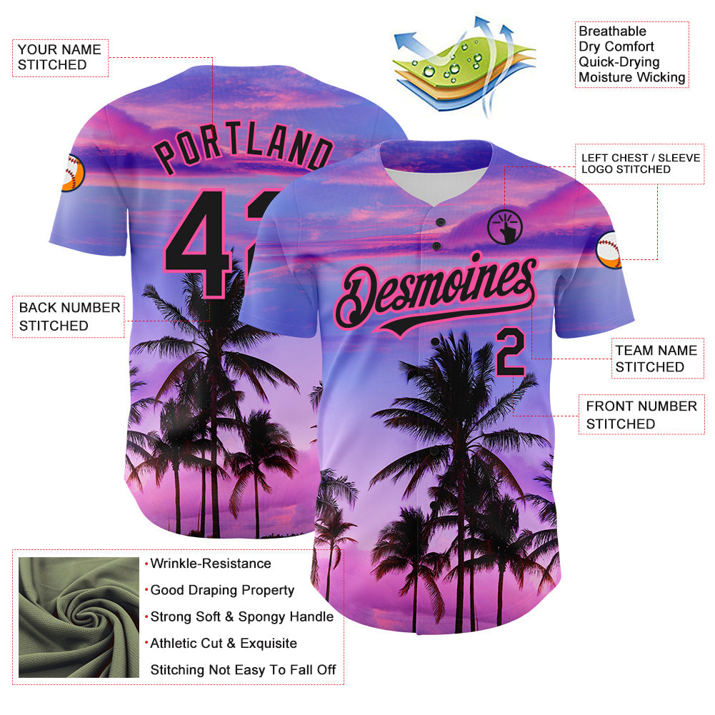 Custom Purple Black-Pink 3D Pattern Design Hawaii Palm Trees Authentic Baseball Jersey baseball jersey product view 3