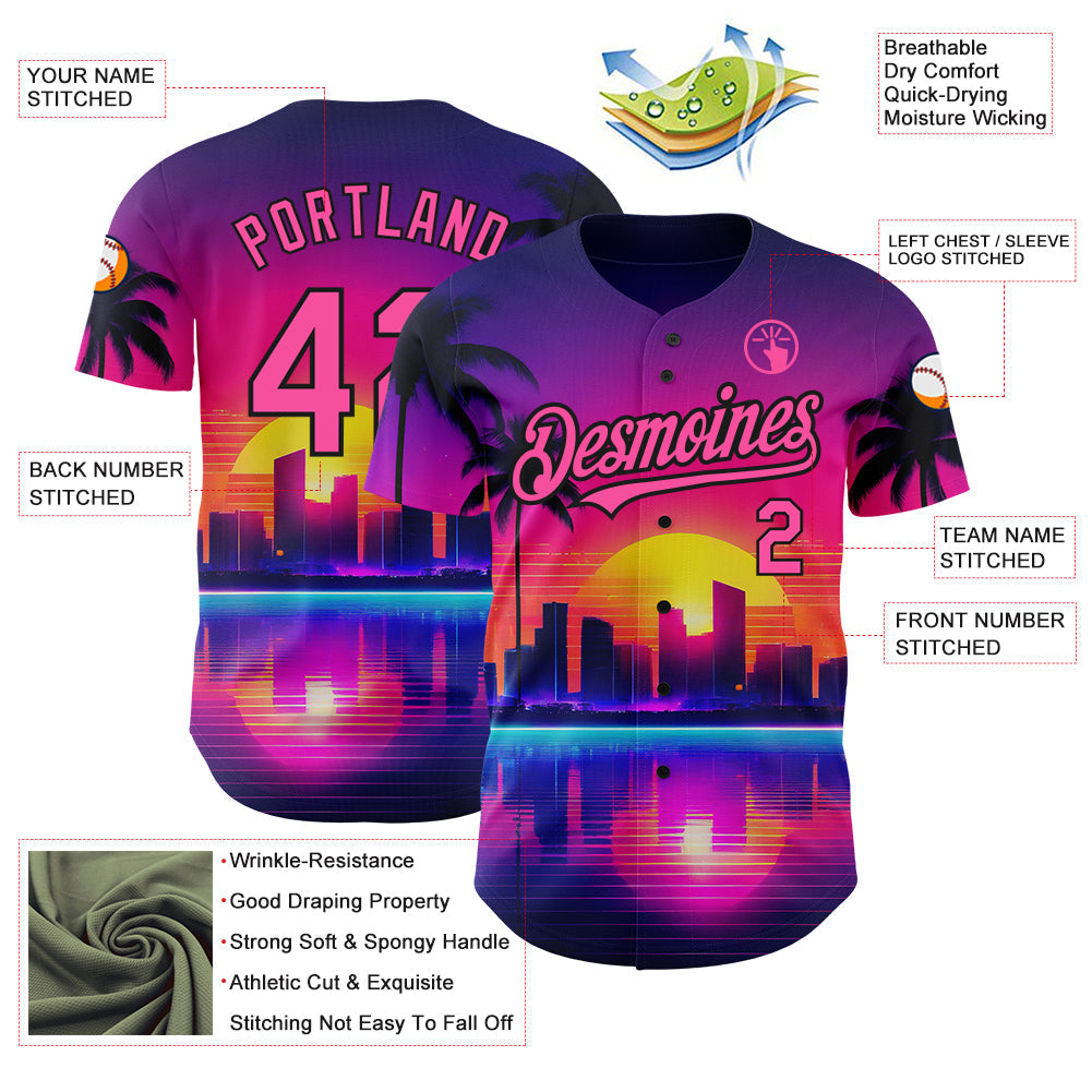Custom Purple Pink-Black 3D Miami Palm Trees City Edition Authentic Baseball Jersey baseball jersey product view 3