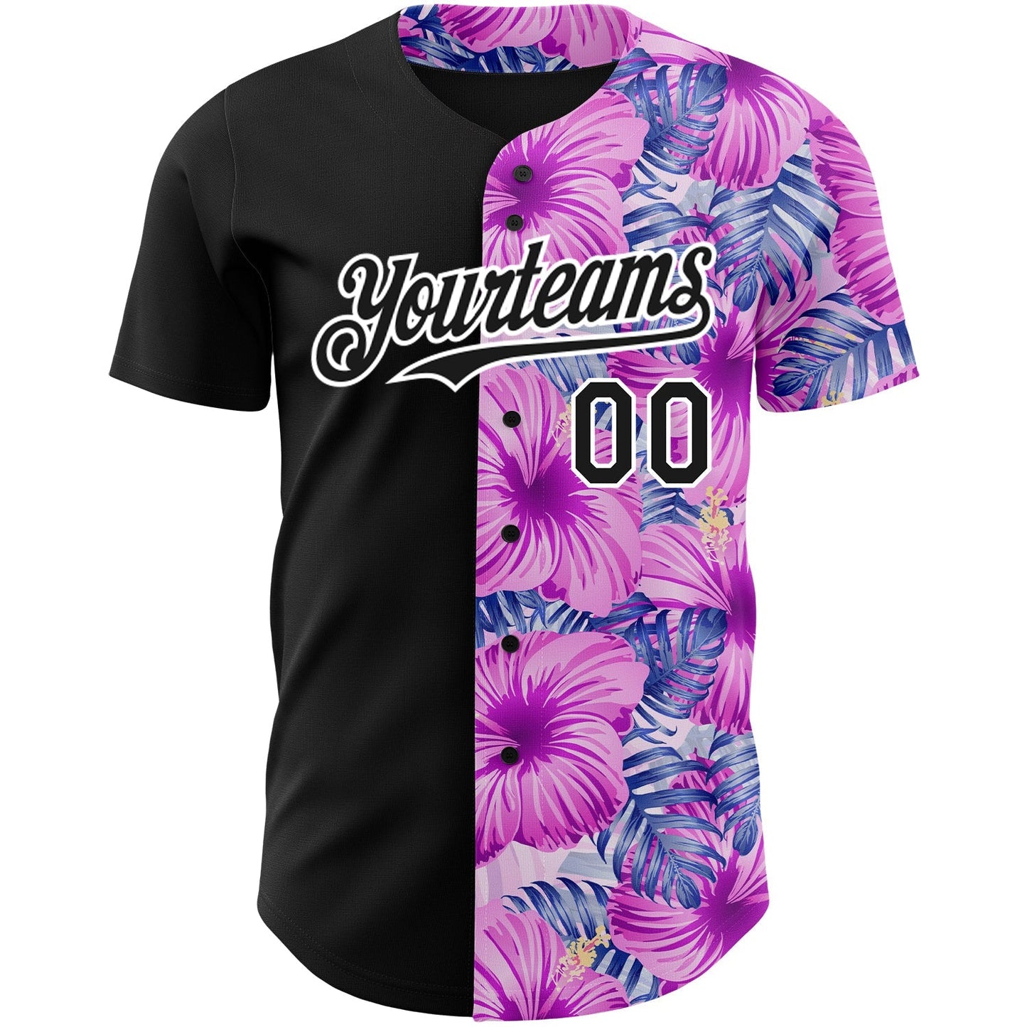Custom Pink Black-White 3D Pattern Design Tropical Flower And Hawaii Palm Leaves Authentic Baseball Jersey baseball jersey product view 2