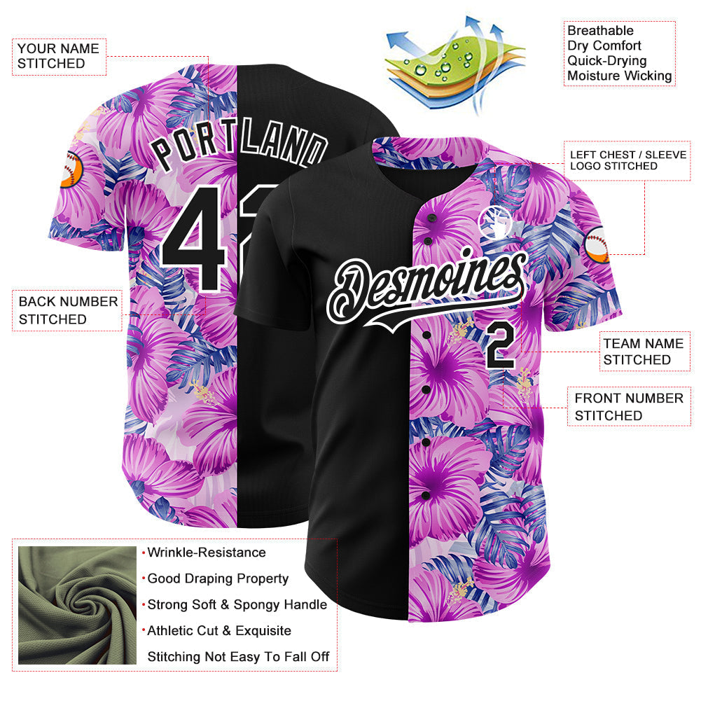 Custom Pink Black-White 3D Pattern Design Tropical Flower And Hawaii Palm Leaves Authentic Baseball Jersey baseball jersey product view 3
