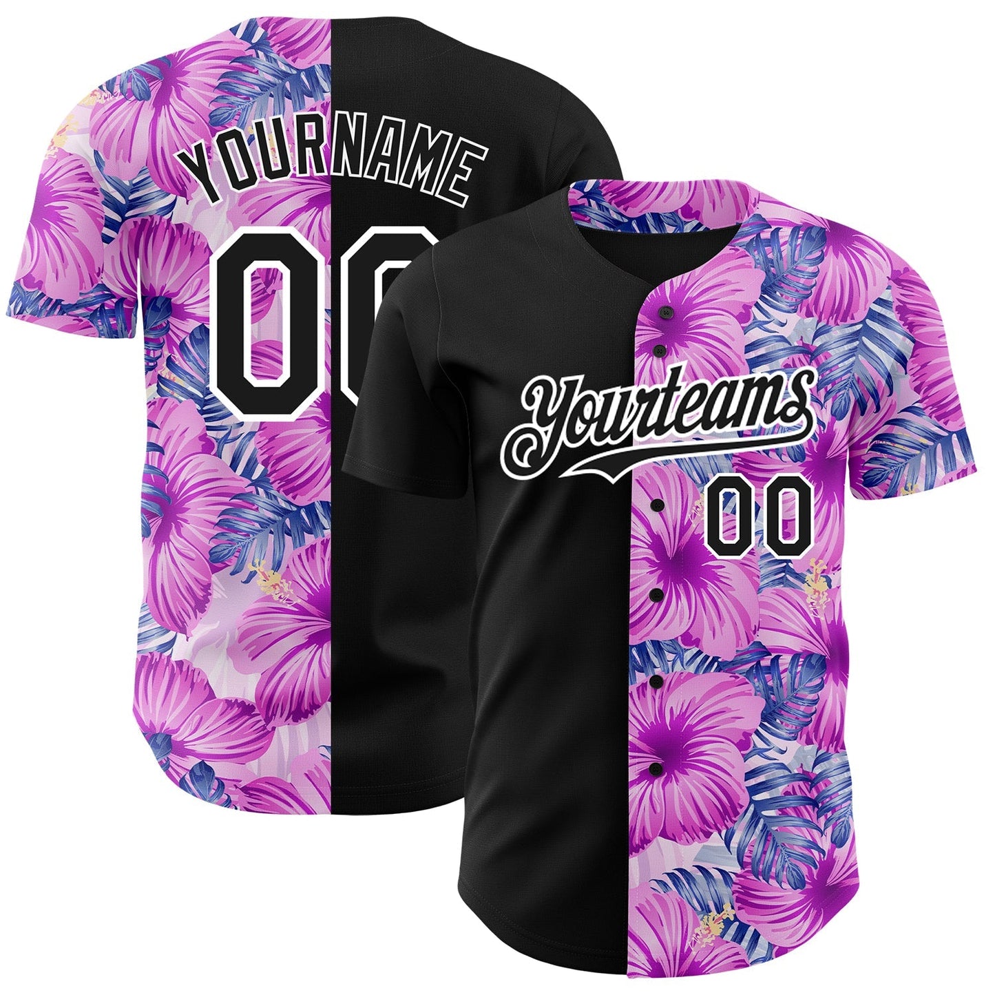 Custom Pink Black-White 3D Pattern Design Tropical Flower And Hawaii Palm Leaves Authentic Baseball Jersey baseball jersey product view 1