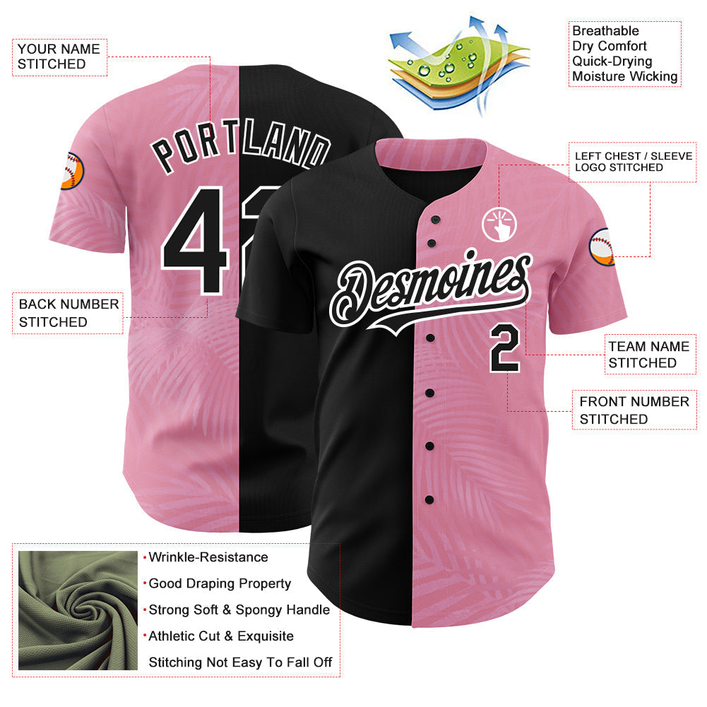 Custom Medium Pink Black-White 3D Pattern Design Tropical Hawaii Palm Leaves Authentic Baseball Jersey baseball jersey product view 3