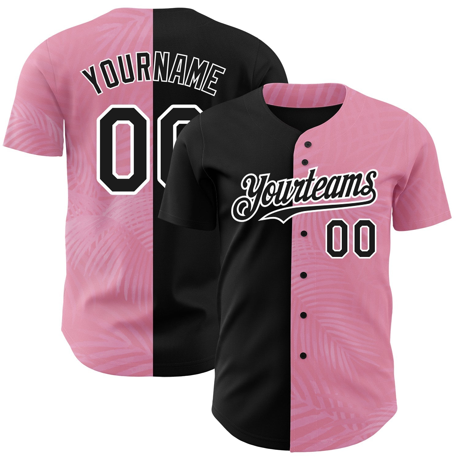 Custom Medium Pink Black-White 3D Pattern Design Tropical Hawaii Palm Leaves Authentic Baseball Jersey baseball jersey product view 1