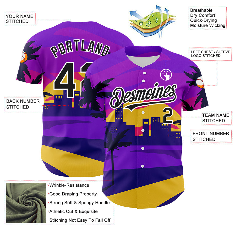 Custom Purple Black-White 3D Pattern Design Hawaii Palm Trees Authentic Baseball Jersey baseball jersey product view 3