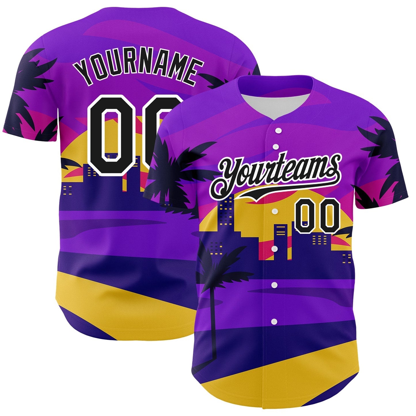 Custom Purple Black-White 3D Pattern Design Hawaii Palm Trees Authentic Baseball Jersey baseball jersey product view 1