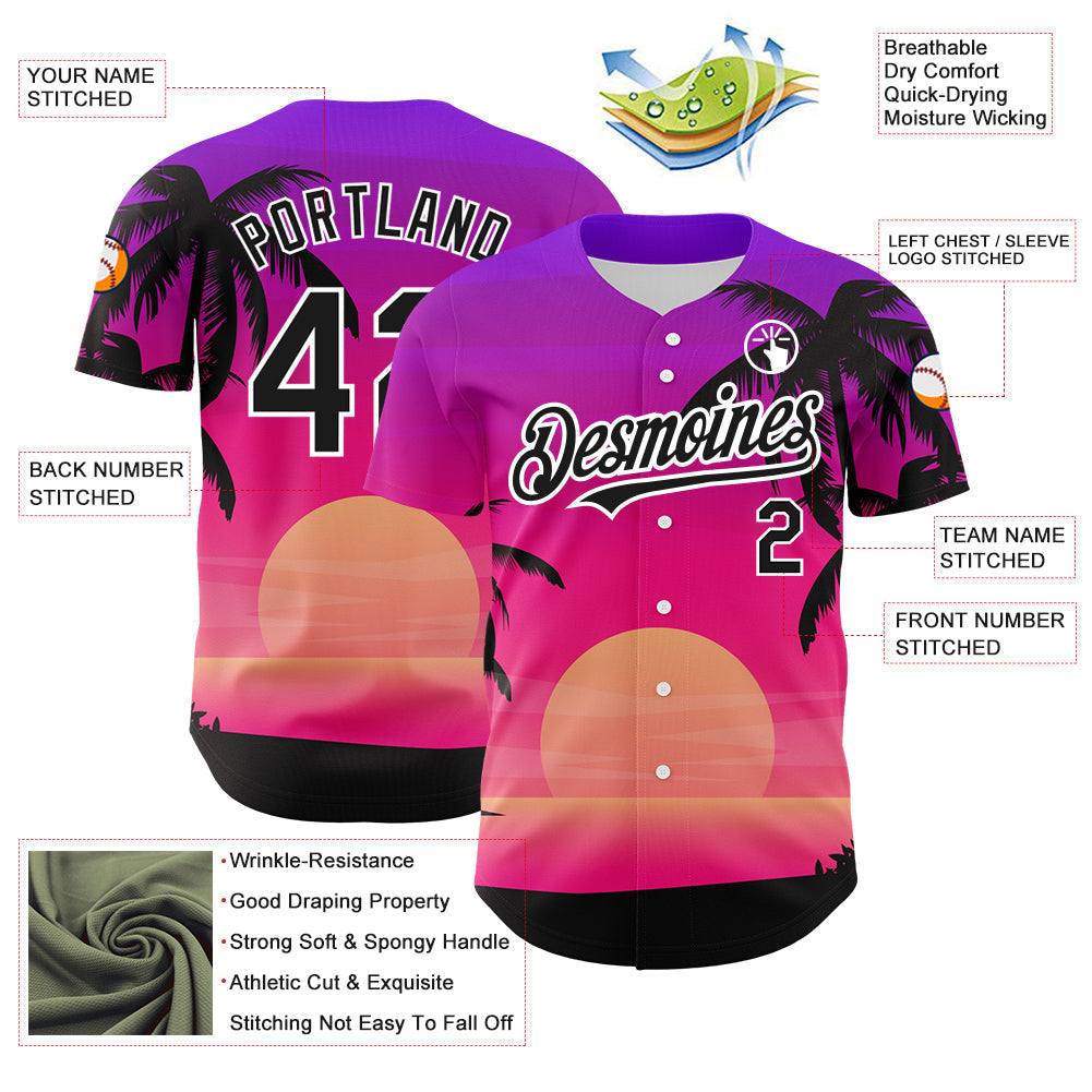 Custom Purple Black-White 3D Pattern Design Beach Hawaii Palm Trees Authentic Baseball Jersey baseball jersey product view 3