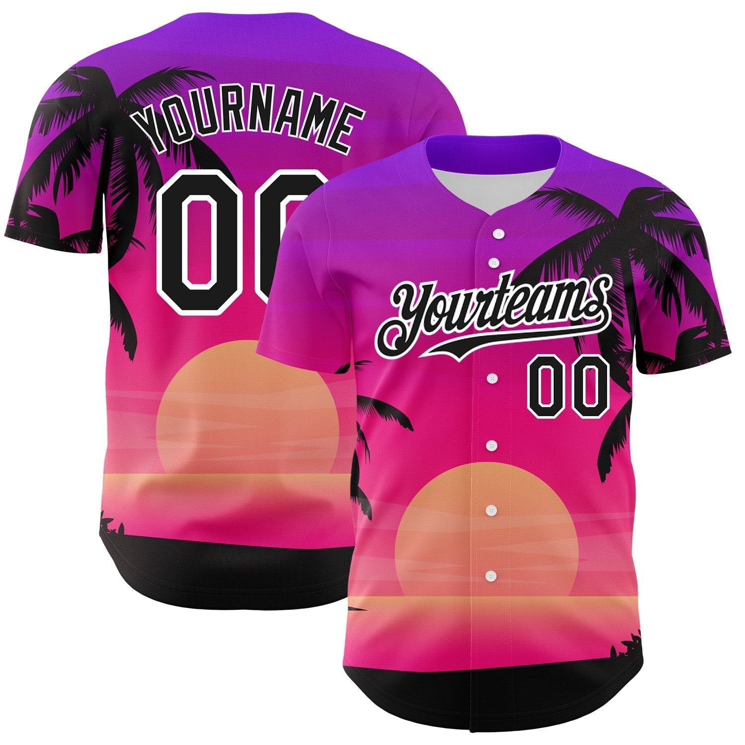 Custom Purple Black-White 3D Pattern Design Beach Hawaii Palm Trees Authentic Baseball Jersey baseball jersey product view 1
