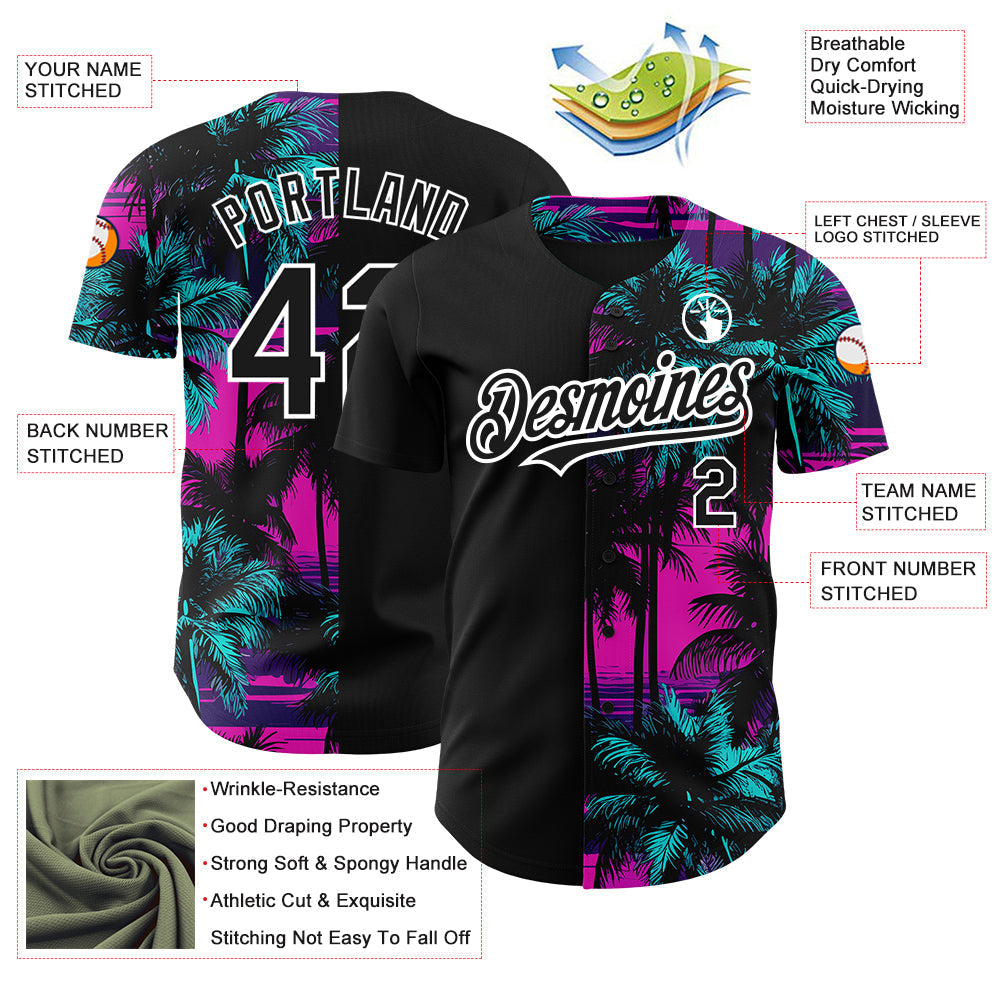 Custom Pink Black-White 3D Pattern Design Beach Hawaii Palm Trees Authentic Baseball Jersey baseball jersey product view 3