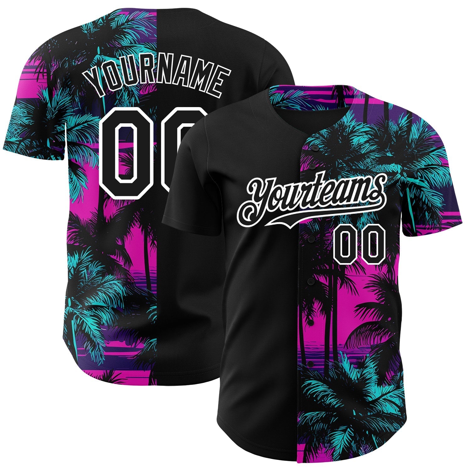 Custom Pink Black-White 3D Pattern Design Beach Hawaii Palm Trees Authentic Baseball Jersey baseball jersey product view 1